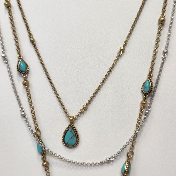 Lucky Brand Two Tone Layered Chain Necklace Faux Turquoise Teardrop Pendant - Picture 3 of 7